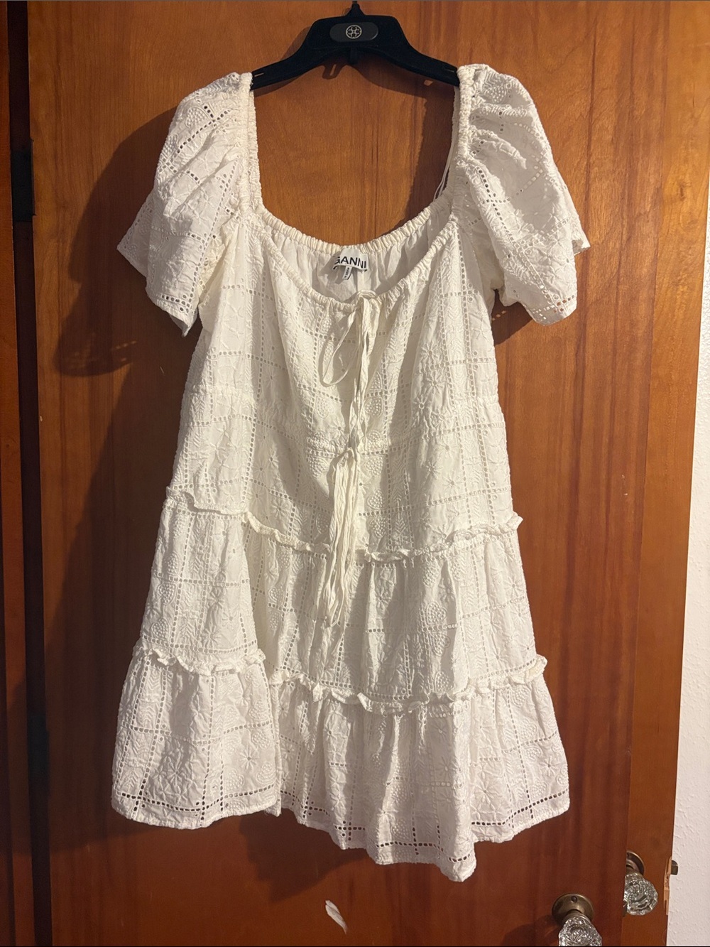 GANNI White Eyelet Tiered Peasant Dress